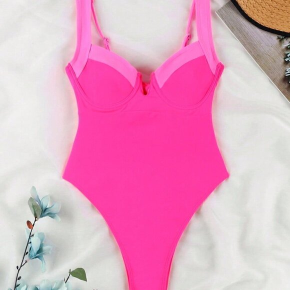 Pink Contemporary Women's European Sexy Spliced Color One-Piece Swimsuit - Picture 2 of 6
